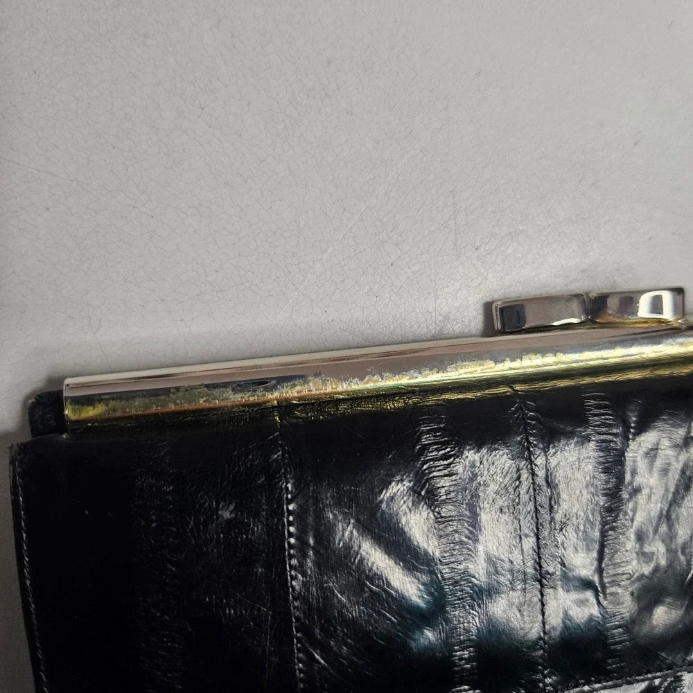 Vintage‎ Serpendo Korea Black Eel Skin Leather Kiss Lock Clutch Wallet Tri-Fold